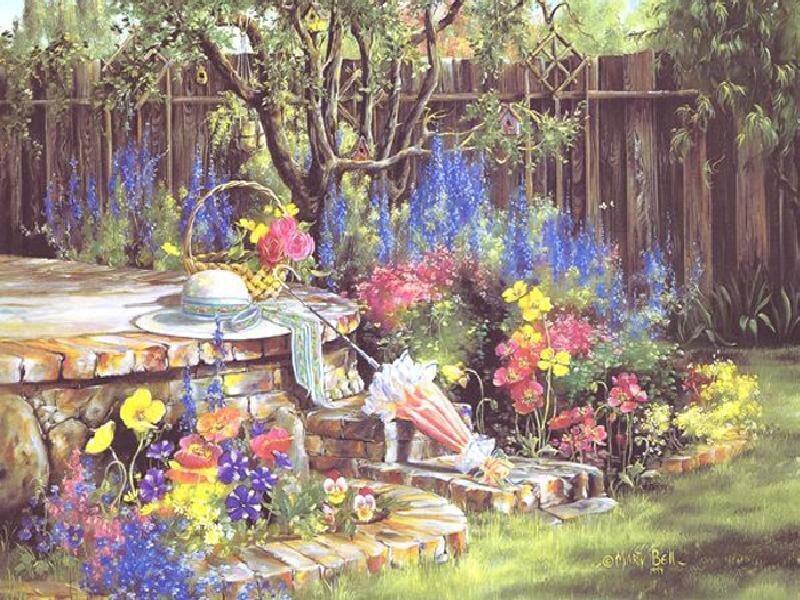 Garden with flowers and basket