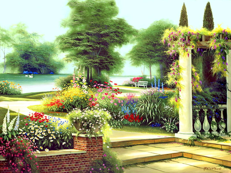 Garden with Flowers and Lake