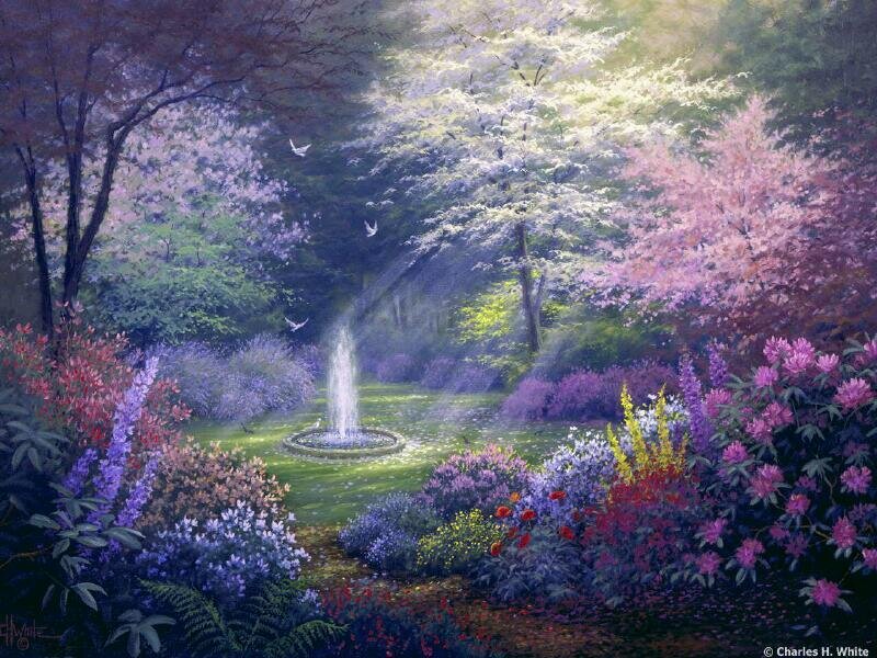 Garden with fountain and birds