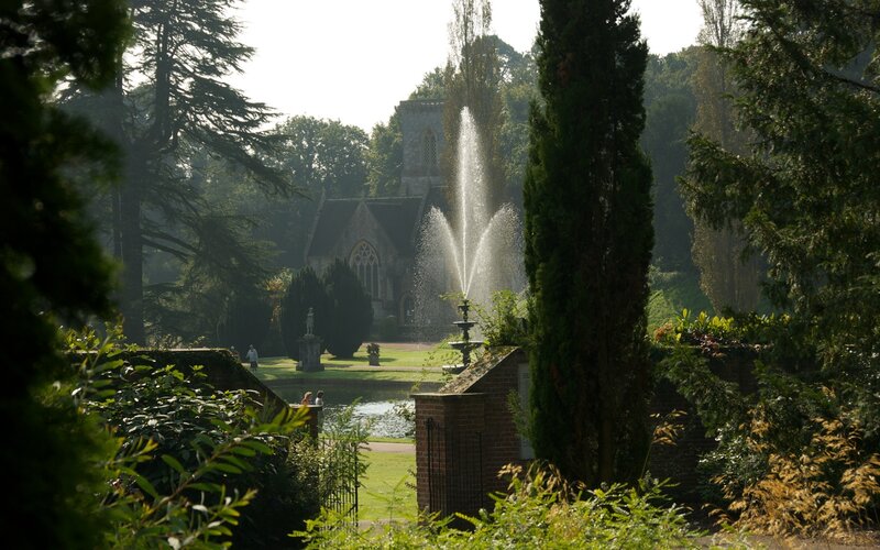 Garden with fountain and chapel