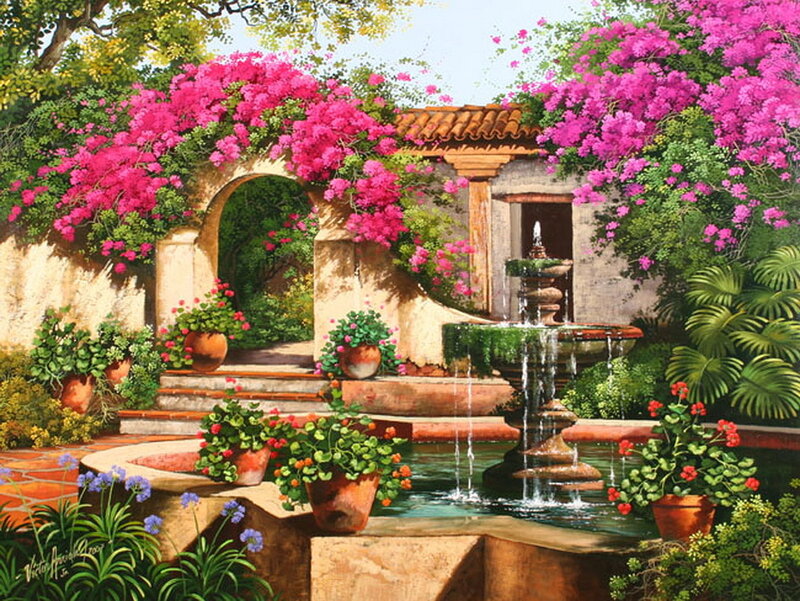 Garden with fountain and flowers