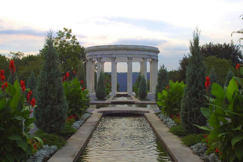 garden with fountain and gazebo