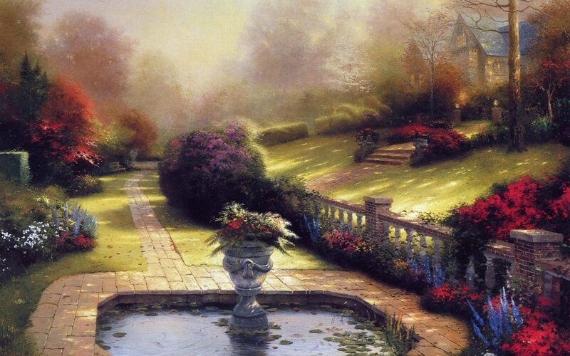 Garden with fountain and house