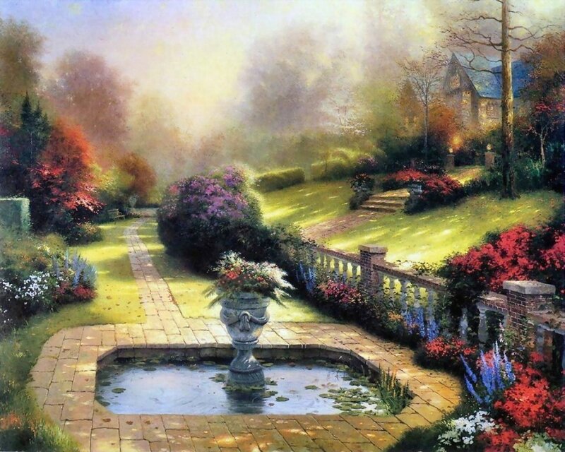 Garden with fountain and path