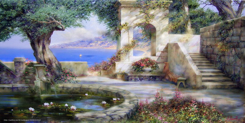 Garden with Fountain and Sea View — Blue