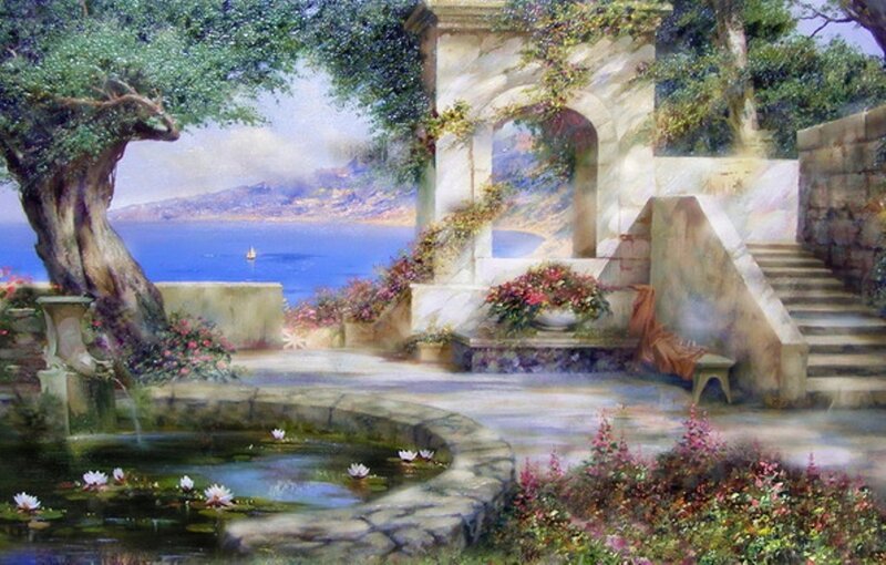 Garden with Fountain and Sea View