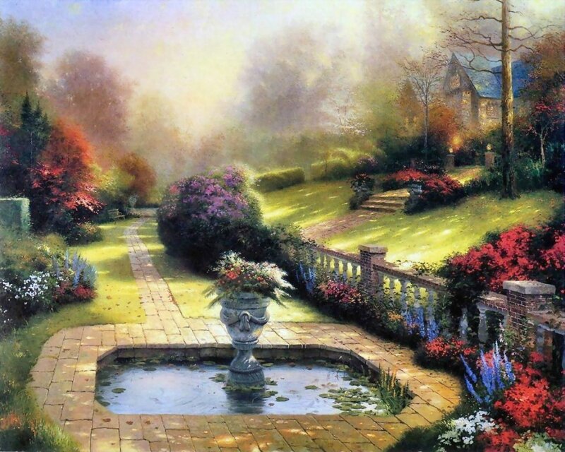 Garden with fountain and stone path