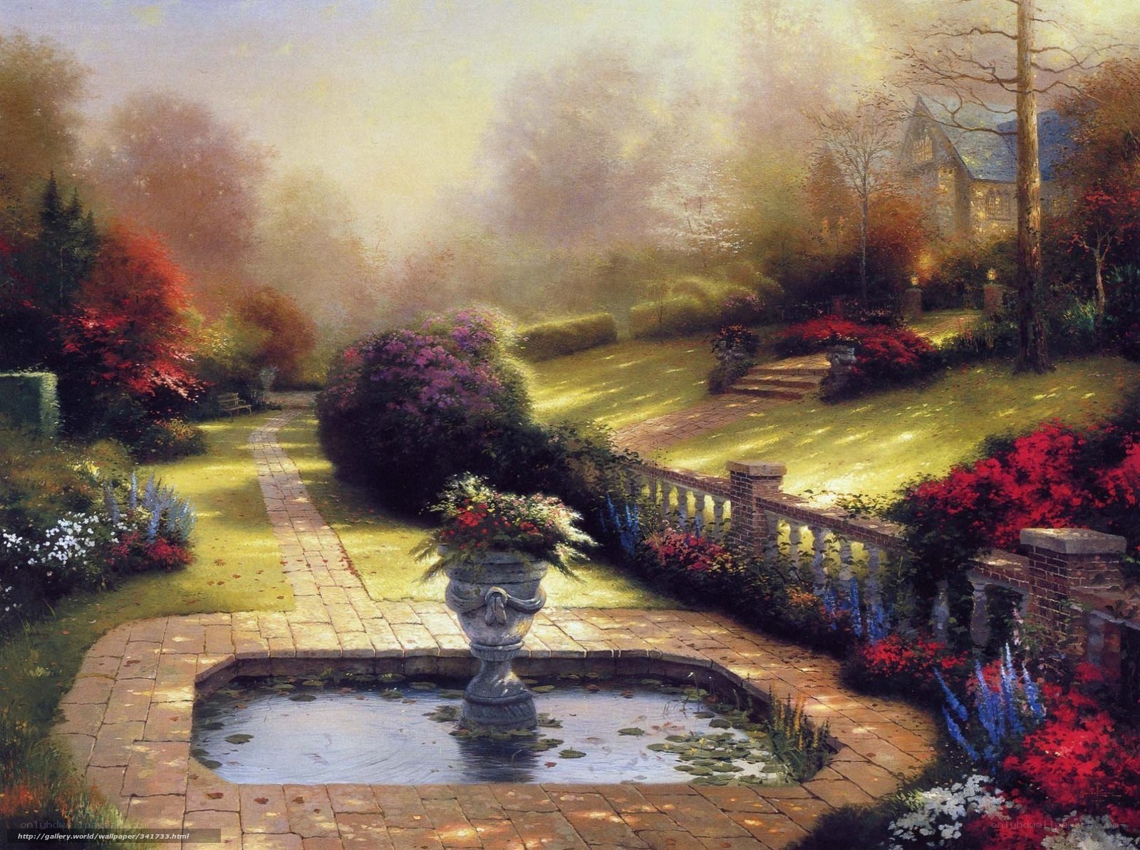 Garden with fountain and stone path