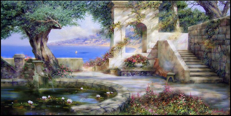 Garden with Fountain — Blue, Serene, Afternoon, Painting, Tree