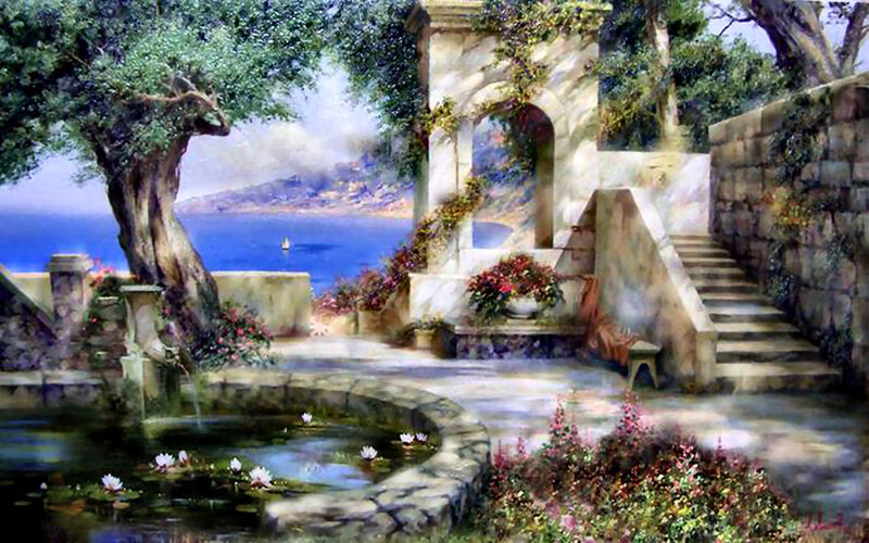 Garden with Fountain — Blue, Serene, Afternoon, Painting, Trees
