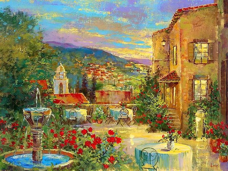 Garden with Fountain — Blue, Serene, Sunset