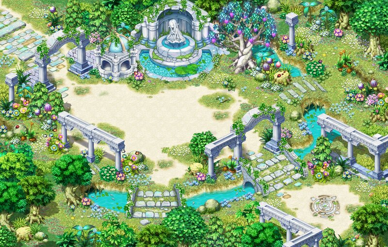 Garden with Fountain — Green, Serene, Afternoon, Digital Art