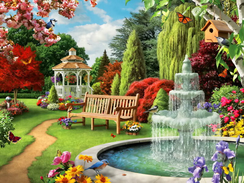 Garden with Fountain — Green, Serene, Afternoon, Illustration
