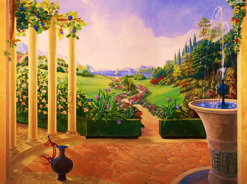Garden with Fountain — Green, Serene, Afternoon, Painting, Columns