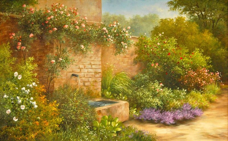 Garden with Fountain — Green, Serene, Afternoon, Painting, Flowers, Brick Wall