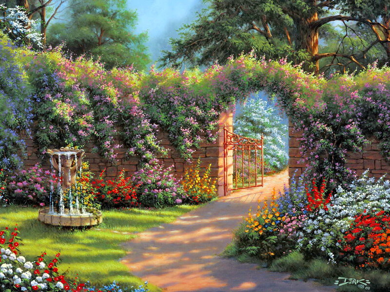 Garden with Fountain — Green, Serene, Afternoon, Painting, Gate