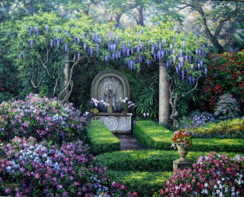 Garden with Fountain — Green, Serene, Afternoon, Painting