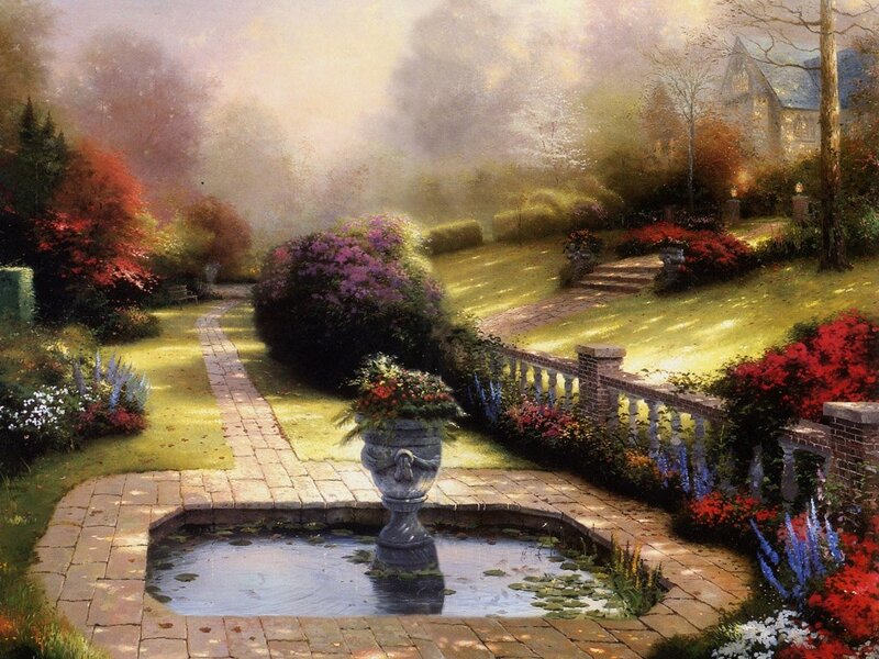 Garden with Fountain — Green, Serene, Morning, Painting, Path
