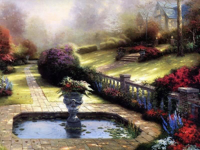 Garden with Fountain — Green, Serene, Morning, Painting