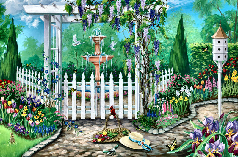 Garden with Fountain — Green, Serene, Spring, Illustration