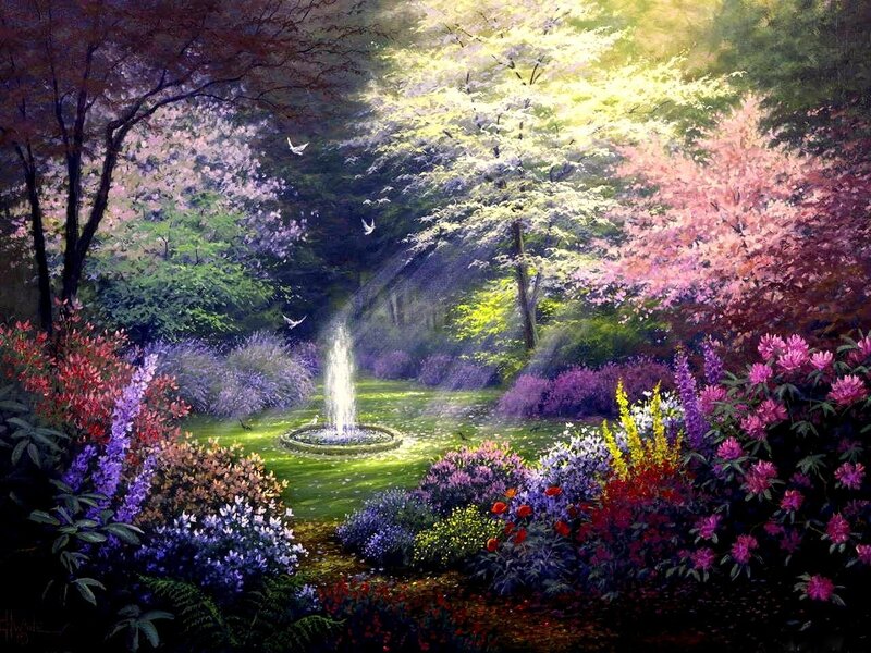 Garden with Fountain — Green, Serene, Spring