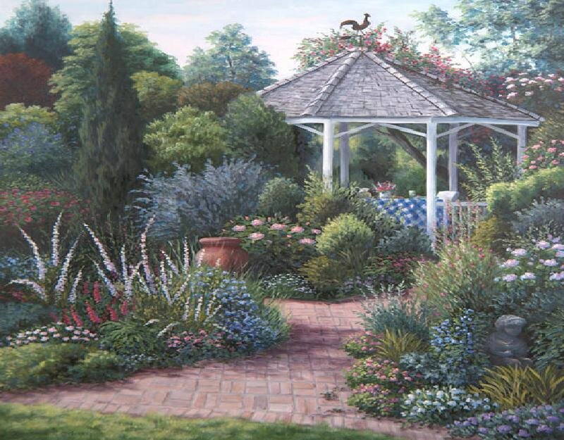 Garden with Gazebo and Brick Path