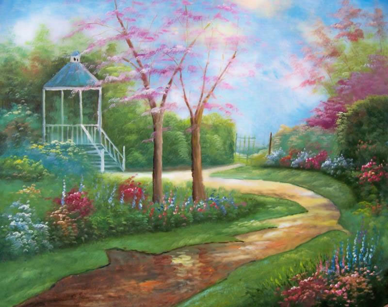 Garden with gazebo and cherry trees