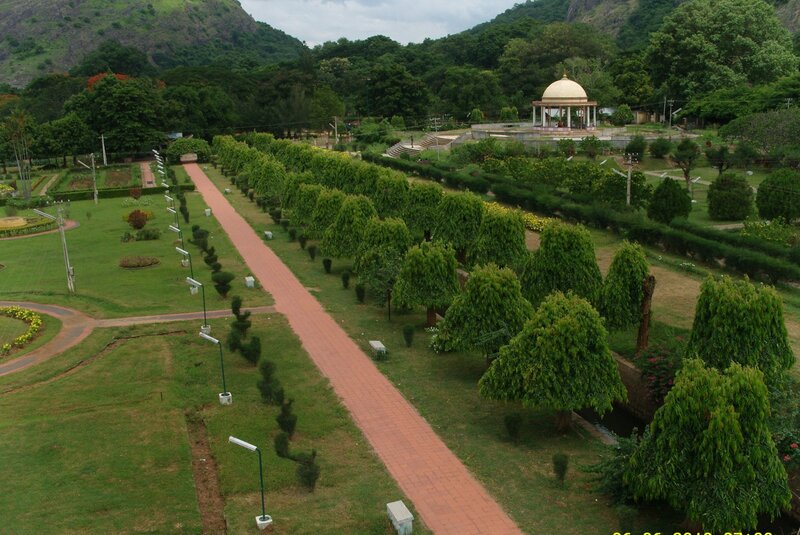 garden with gazebo and mountain view
