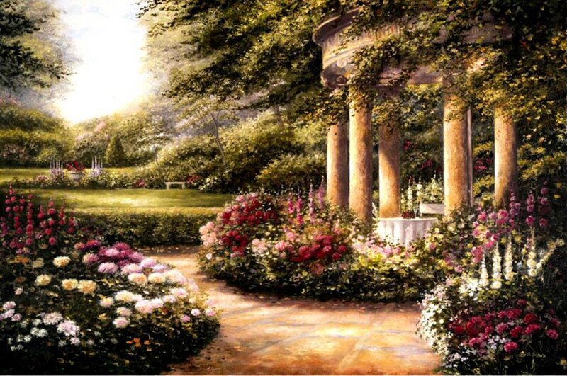 Garden with Gazebo — Green, Serene, Afternoon, Painting, Flowers