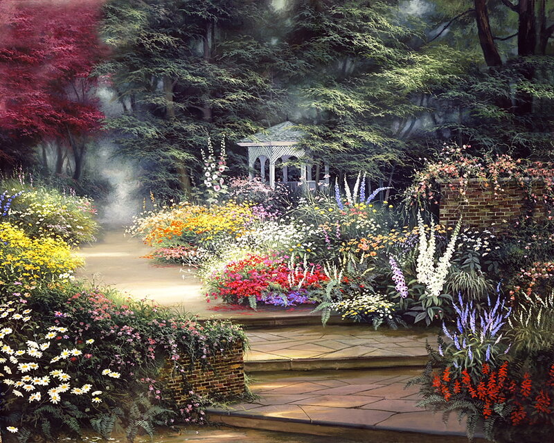 Garden with Gazebo — Green, Serene, Afternoon, Painting, Flowers, Trees, Path