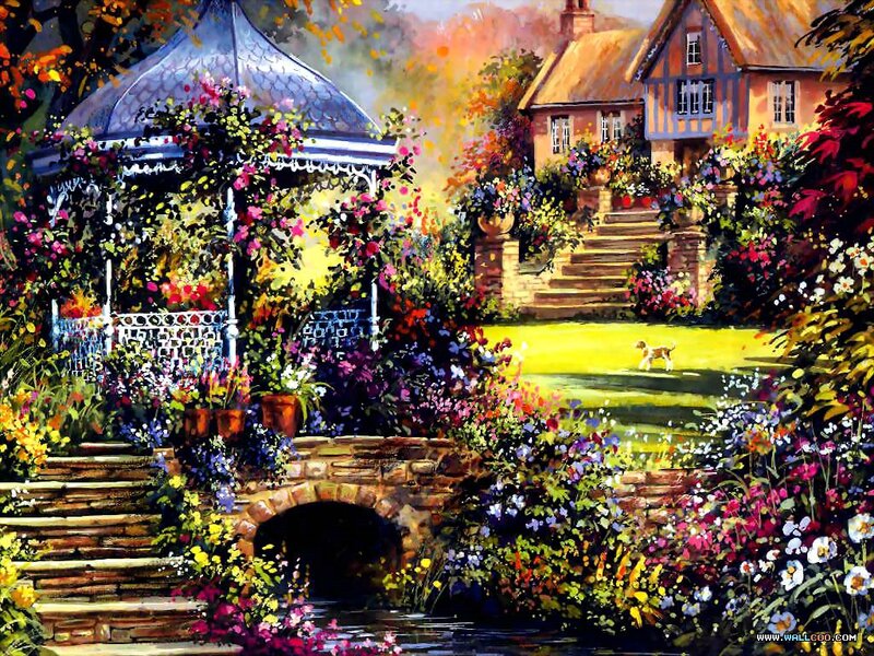 Garden with Gazebo — Green, Serene, Afternoon, Painting
