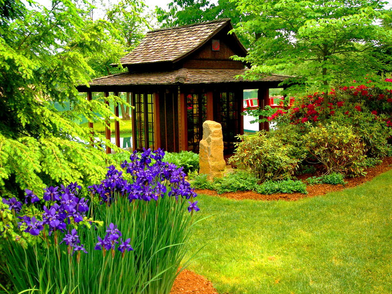 Garden with Gazebo — Green, Serene, Spring, Photograph, Flowers