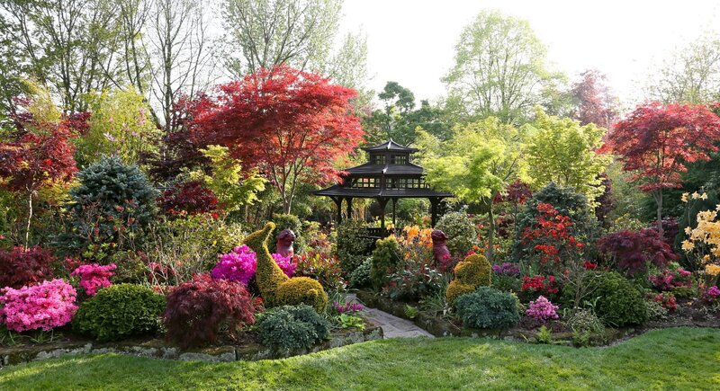 Garden with Gazebo — Green, Serene, Spring, Photograph, Trees
