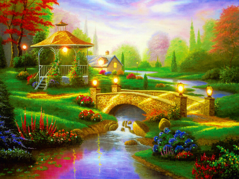 Garden with Gazebo — Green, Serene, Sunset