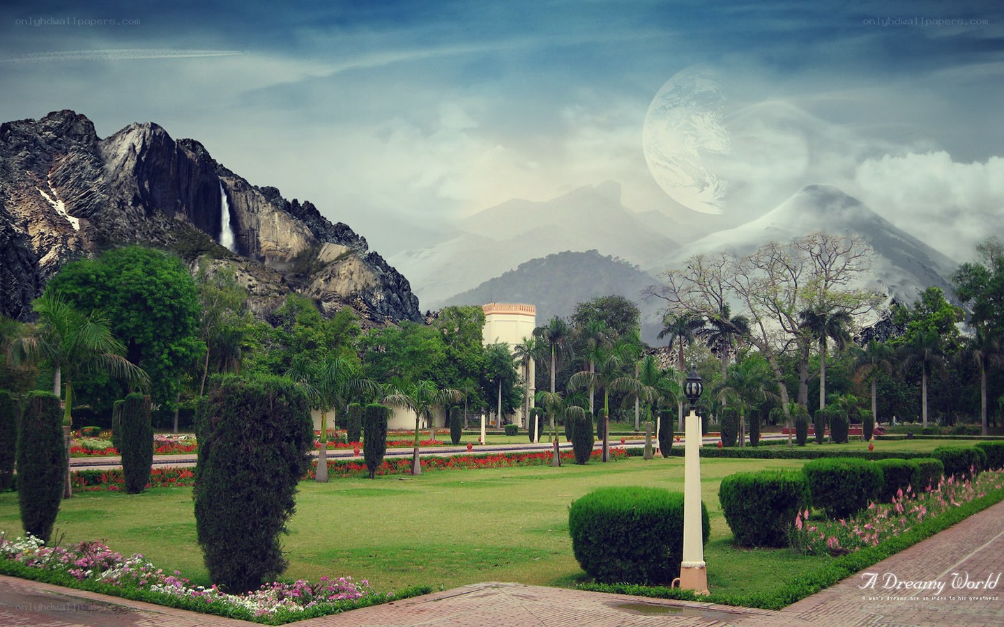Garden with mountain backdrop