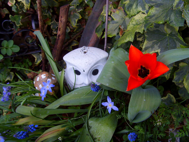 Garden with owl statue and flowers