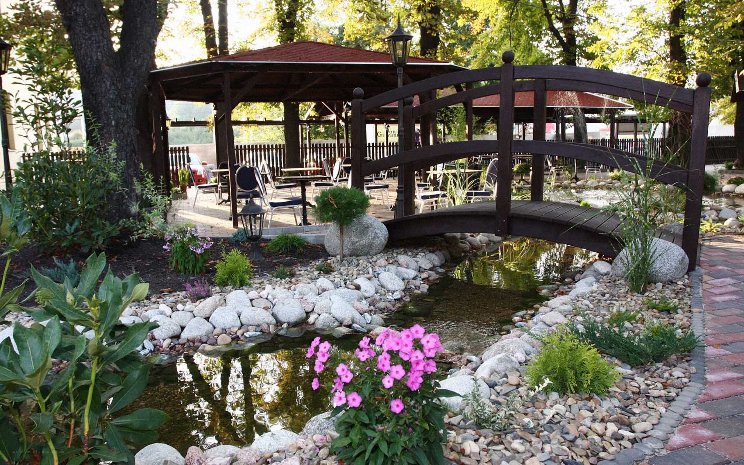 Garden with pond and bridge