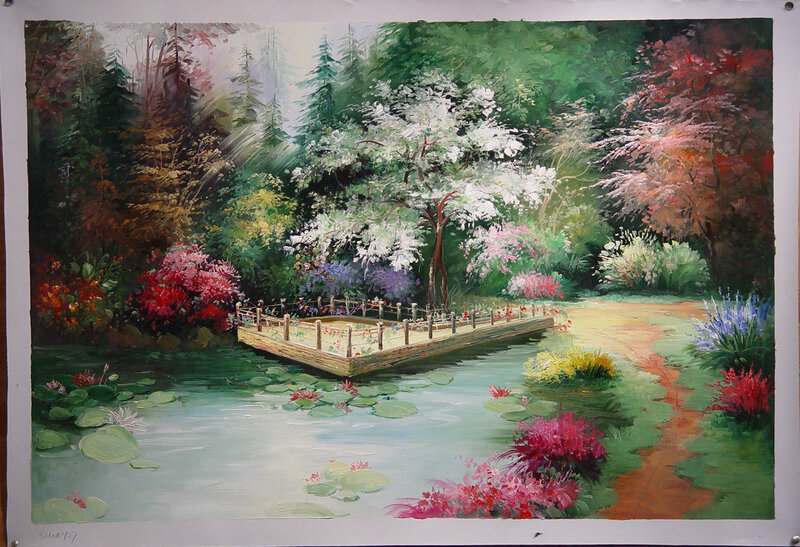 Garden with pond and bridge
