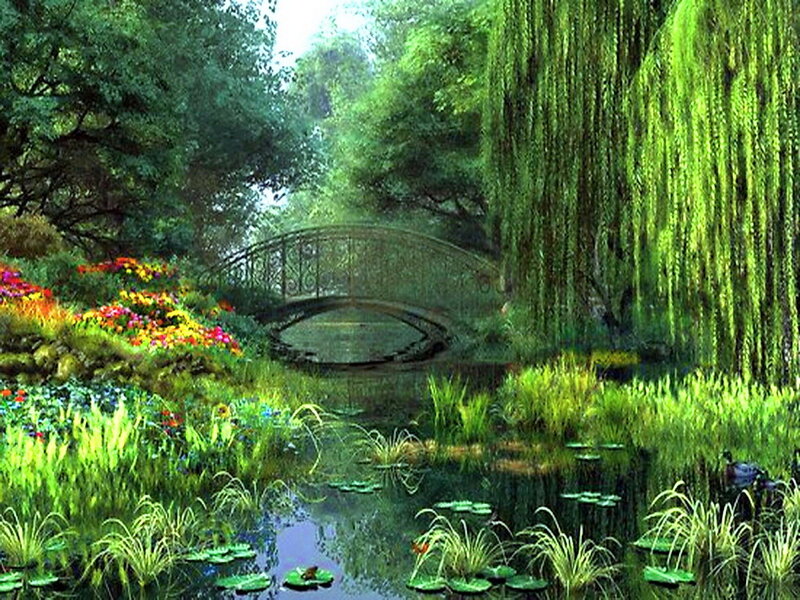 Garden with Pond and Bridge — Green, Serene, Afternoon, Digital Art