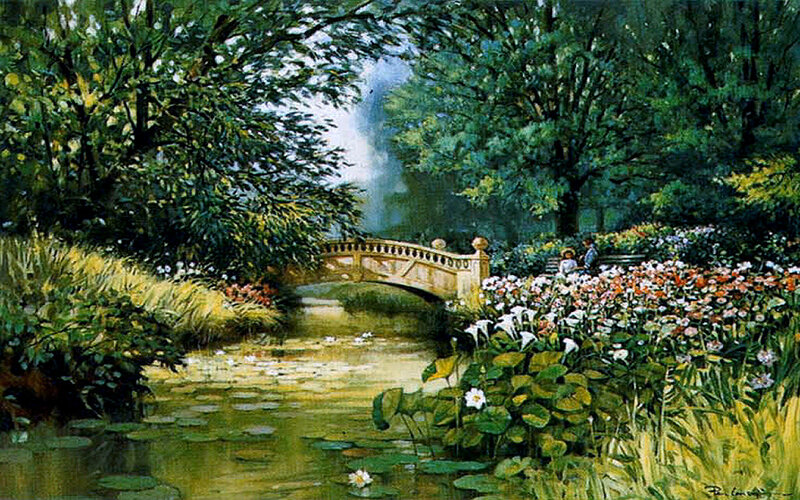 Garden with Pond and Bridge — Green, Serene, Afternoon, Painting