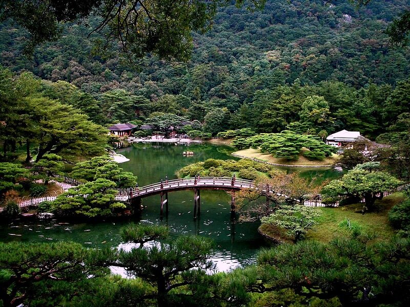 Garden with Pond and Bridge — Green, Serene, Afternoon, Photograph