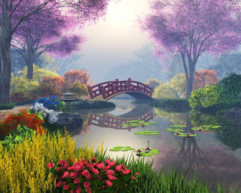 Garden with Pond and Bridge — Purple