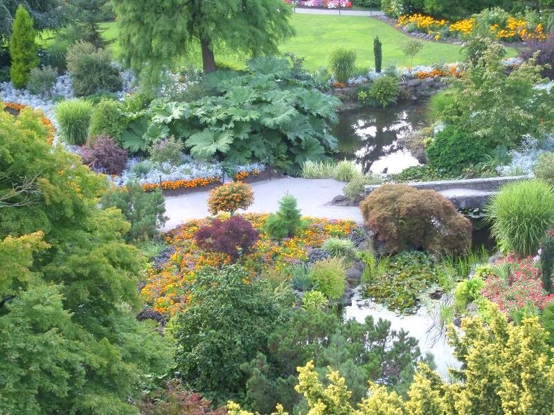 garden with pond and flowers