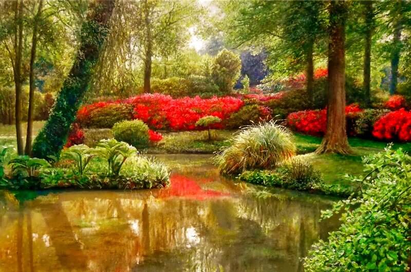 Garden with Pond and Flowers — Green, Serene, Afternoon, Painting