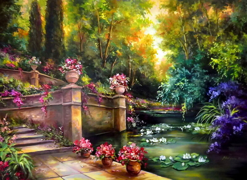 Garden with Pond and Flowers — Green, Serene, Afternoon