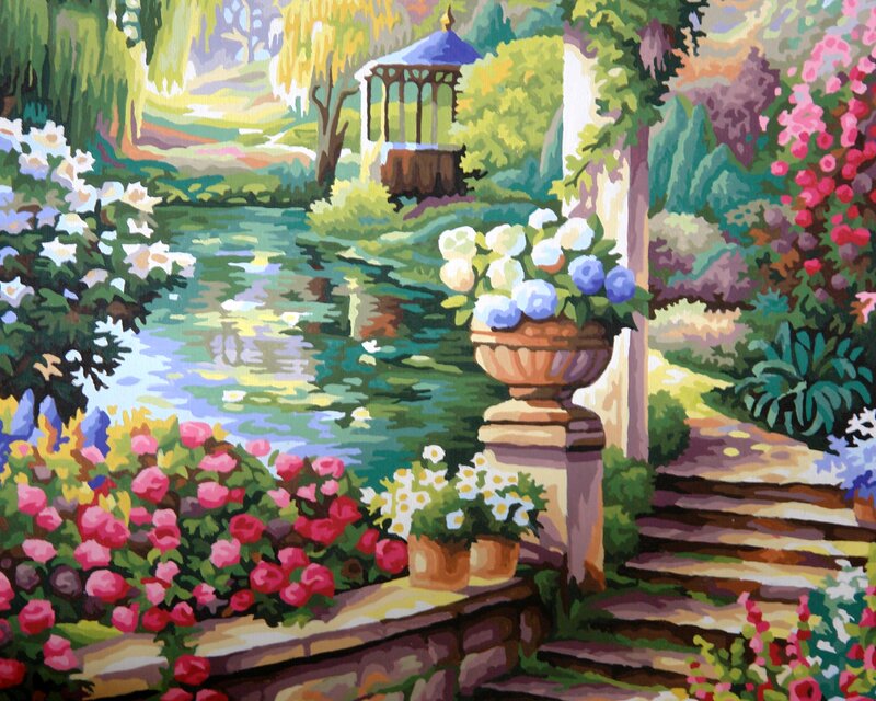 Garden with Pond and Gazebo — Green, Serene, Afternoon