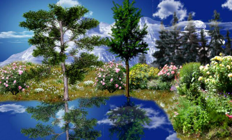 Garden with Pond and Mountains