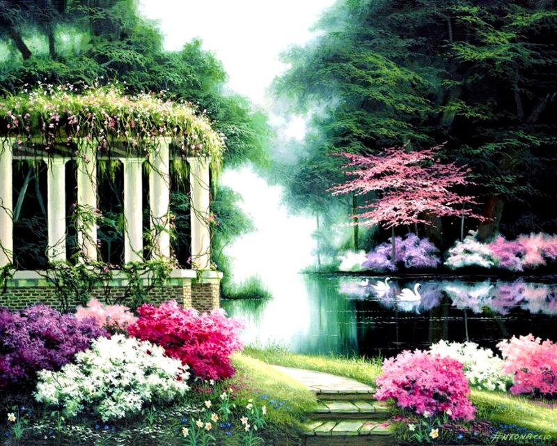 Garden with Pond and Swans