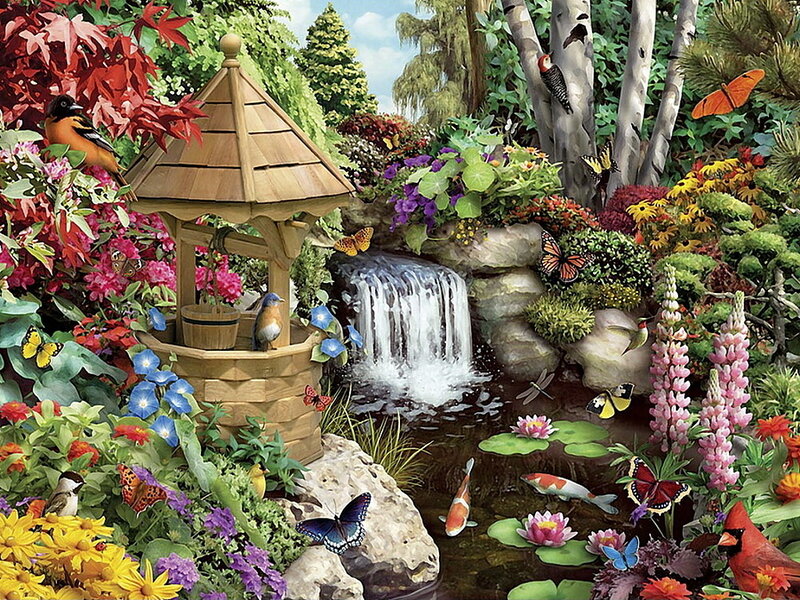 Garden with Pond and Waterfall — Green, Serene