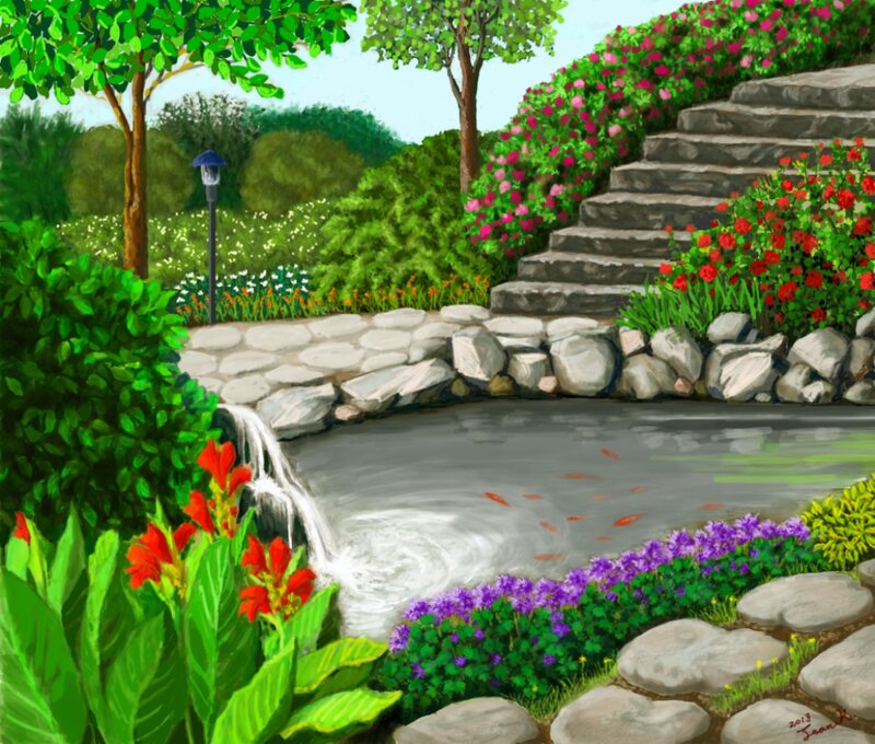 Garden with Pond and Waterfall — Green